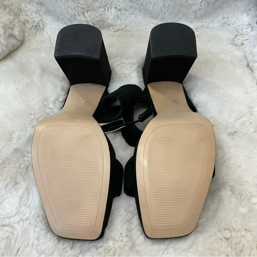 NEW ZARA black suede leather double straps square tie slip on sandals 10